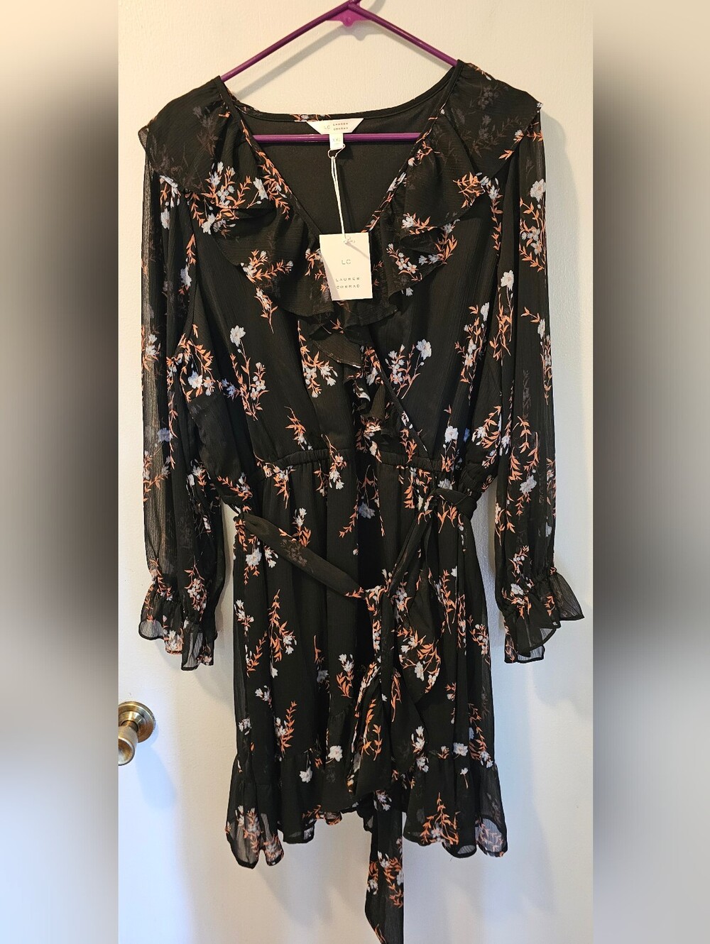 LC Lauren Conrad Black Floral Ruffle Trim Wrap Mini Dress Women's Size XXL NWT